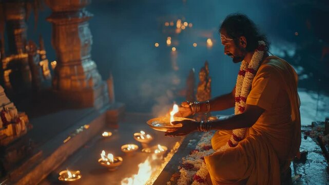 A devotee in traditional orange and white sari, sitting before a temple altar with lit candles and incense during a nighttime ceremony.