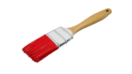 Red paintbrush with wooden handle on transparent background
