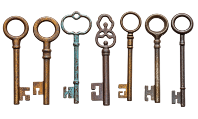 Vintage keys set antique metal key collection isolated on transparent background.