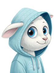 Adorable white bunny in light blue hoodie isolated on transparent background