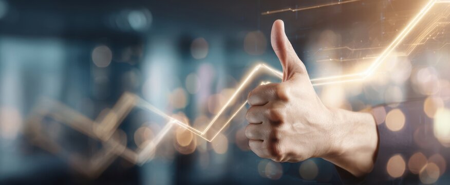 The thumbs-up gesture symbolizes success and positive growth in business and analytics. - Powered by Adobe
