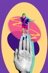 Trend artwork banner sketch 3D photo collage of sign finger symbol body language hand stop young...