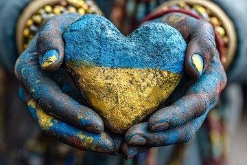 Hands holding heart shaped stone painted in ukrainian flag colors