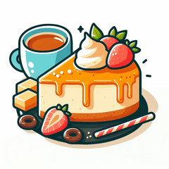 Cartoonstyle depiction of caramel cheesecake with strawberries next to a coffee cup candies and a stick on a plate