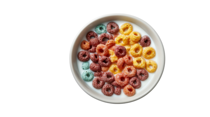 Colorful cereal rings floating in milk in a bowl on transparent background