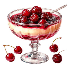 Dessert in glass bowl with cherries and cream, sweet treat, on transparent background