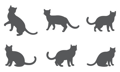 Set of silhouette cats in different poses. Isolated black cat on white background. Vector illustration of elements for design decoration.