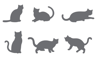 Cat Silhouettes Vector Illustration, perfect for Halloween, cat lovers. Features various cat poses, paw prints. Ideal for pet, animal, feline, domestic, house cat themes