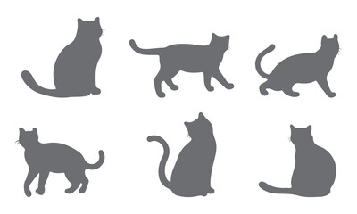 Cat Silhouettes Vector Illustration, perfect for Halloween, cat lovers. Features various cat poses, paw prints. Ideal for pet, animal, feline, domestic, house cat themes