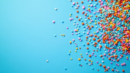 Colorful sprinkles cascade on a bright blue background