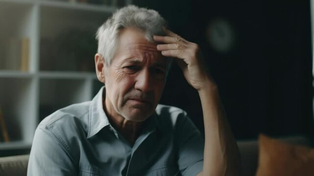 Man with gray hair and beard, wringing his hands, distressed over something.