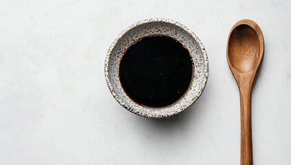 A hot cup of black espresso sits on an old paper over a wooden table, creating a morning cafe aroma with a brown mug and white saucer