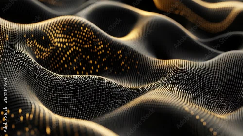 Poster abstract representation of dynamic waves with glowing particles and delicate mesh in a dark setting 