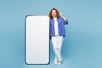 Full body young ginger woman she wear shirt t-shirt casual clothes have great idea big huge blank...
