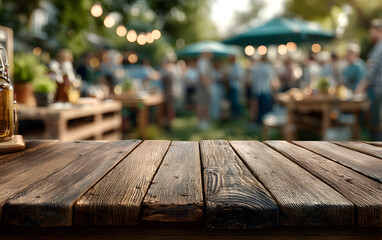 Wooden table surface with blurred outdoor barbecue party background and people gathering. Empty deck space for product display against social dining setting