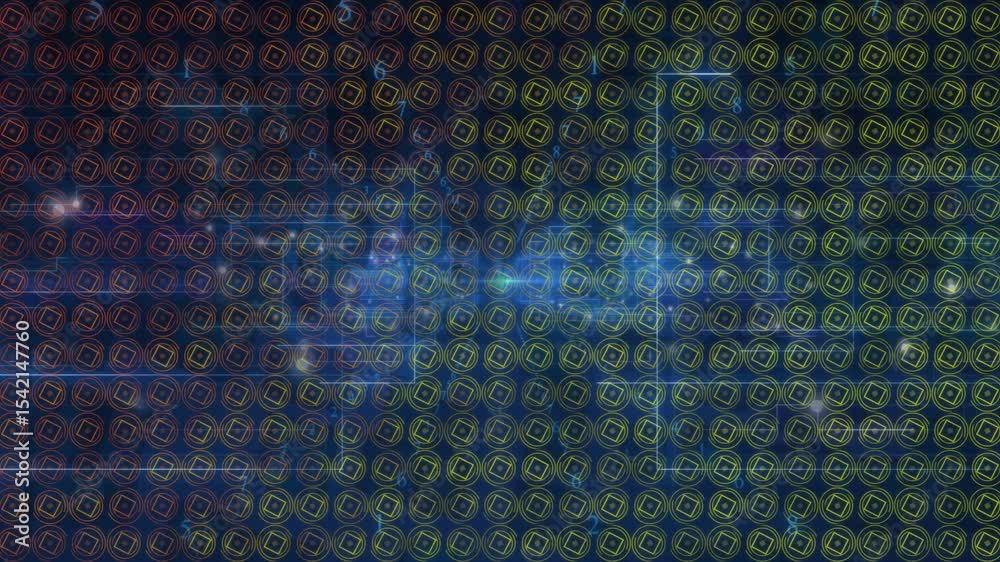 Poster azure node glowing at center driving colored grid morphing over bracket lines visualizing data flow