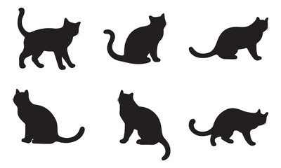 Collection of black cat silhouettes in various poses. Set of black cat silhouette. Kitten silhouette collection isolated on white background