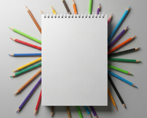 Colorful school pencils and a notebook on a white background, perfect for education, drawing, and office notes