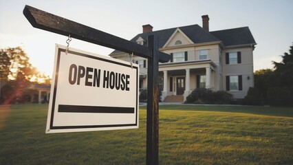 Fototapeta premium Open house sign with country house in background