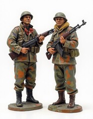Fototapeta premium Two WWII resistance fighters in informal military uniforms holding rifles, hand-painted polymer clay figurines isolated on white background 