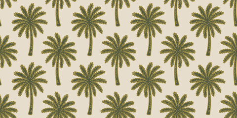 Tropical seamless pattern with hand drawn palm trees. Hawaiian florals summer background for fabric, textiles, clothing, poster, cover, decoration, banner, wallpaper, interior. Vector illustration.
