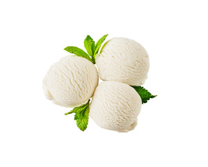 Three balls of creamy or vanilla ice cream with mint leaves isolated on white background with clipping path, top view. Design element.