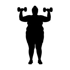 Overweight woman lifting dumbbells silhouette illustration