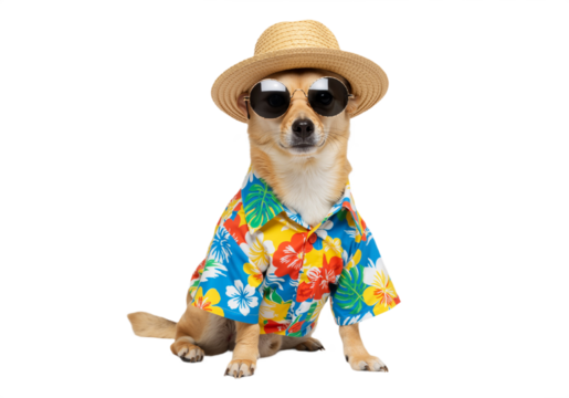 Vacation dog ready for the tropics – cool feline with sunglasses and summer vibes, isolated on a transparent background for fun designs.