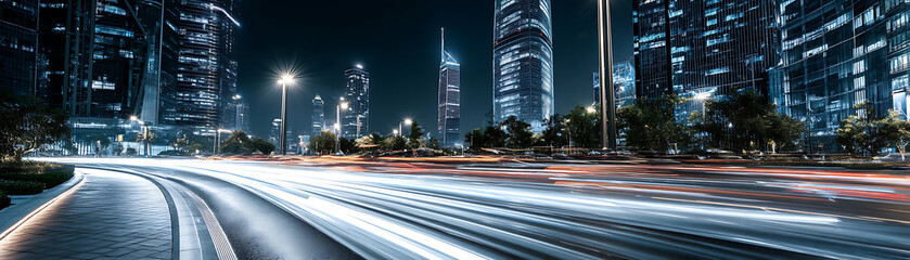 Fototapeta premium A modern cityscape with car light trails and a natural look