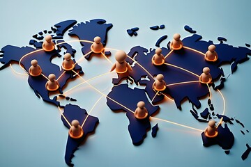 Global Network Connection Orange Glowing Lines Linking Beige Figures on Dark Blue World Map 3 D Render Illustration of International Communication and Collaboration Showing Worldwide