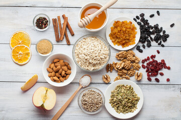 Grain free oat free paleo granola: mixed nuts, seeds, raisins, honey and coconut oil