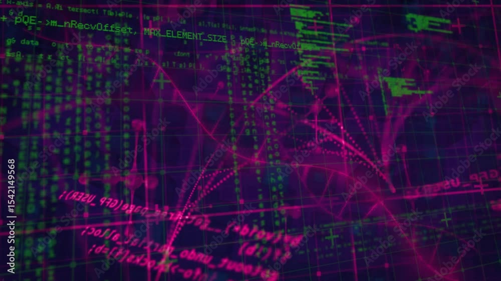 Poster dark grid emerging magenta lines and nodes, pulsing and scrolling green code visualizing data flow