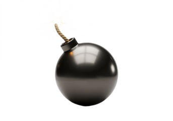 Classic round bomb with lit fuse – explosive element isolated on transparent background.