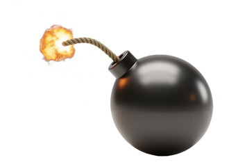 Classic round bomb with lit fuse – explosive element isolated on transparent background. 