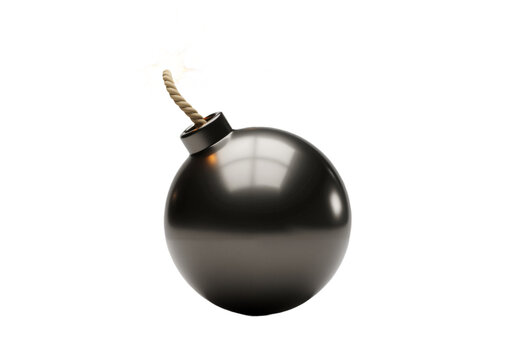 Classic round bomb with lit fuse – explosive element isolated on transparent background. 