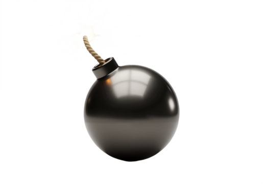 Classic round bomb with lit fuse – explosive element isolated on transparent background. 