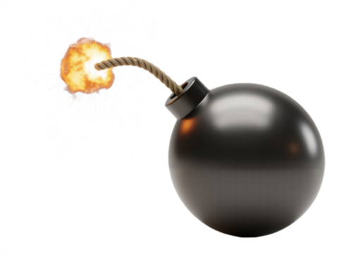 Classic round bomb with lit fuse – explosive element isolated on transparent background. 