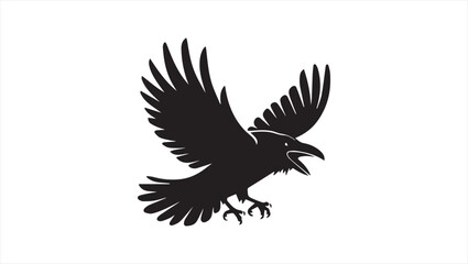 A simple, minimalist digital illustration of a raven in mid-flight, wings spread wide.The bird is black and white