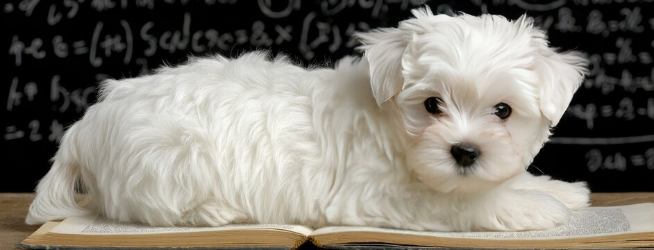 Cute white dog with glasses poses on books in front of a blackboard featuring letters and numbers, symbolizing education and learning