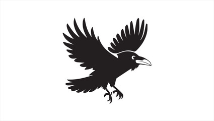 Fototapeta premium A simple, minimalist digital illustration of a raven in mid-flight, wings spread wide.The bird is black and white