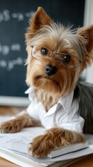 Cute white dog with glasses poses on books in front of a blackboard featuring letters and numbers, symbolizing education and learning