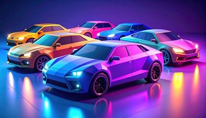 Obraz premium Electrifying Ride: A collection of stylish, futuristic cars glow with neon lights, offering a vibrant look at automotive design and cutting-edge technology.