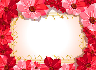 frame of red flowers golden musical notes