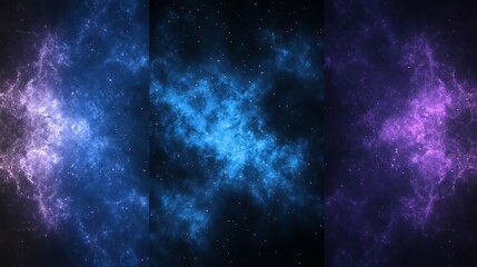 Cosmic expanse of blue, purple, and white nebula clouds with twinkling stars background