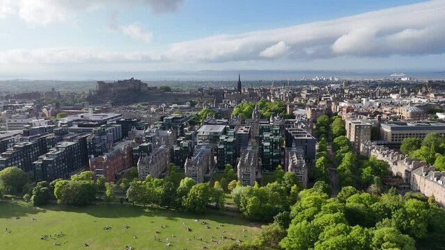 Drone shot of Edinburgh skyline in Scotland, United Kingdom