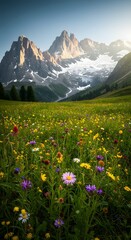 Obraz premium Alpine Meadow: Wildflowers bloom beneath snow-capped peaks in a picturesque mountain landscape.