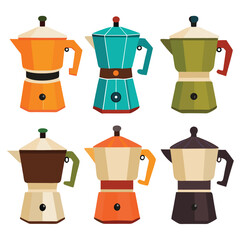 Six espresso maker arranged isolated on white background