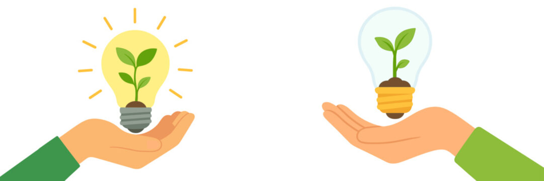Light bulbs symbolize innovative ideas and sustainable growth with green plants in hands
