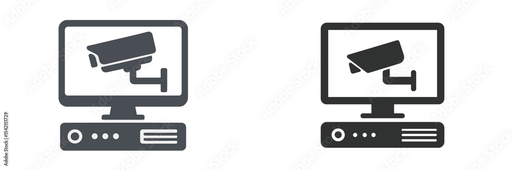 Poster surveillance camera icons displayed on computer screens in contrasting colors suitable for security 
