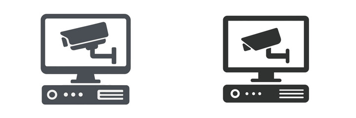 Surveillance camera icons displayed on computer screens in contrasting colors suitable for security applications